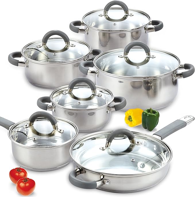 Cook N Home Basics Stainless Steel Cookware Sets, Pots and Pans Set with Stay-Cool Handle, Induction Compatible, Dishwasher and Oven Safe, 12-Piece