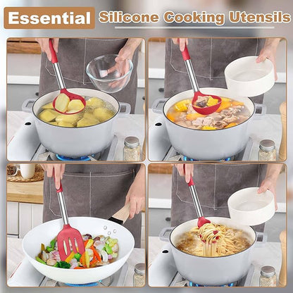 LIANYU Kitchen Cooking Utensils Set, Silicone Cooking Utensils Set of 6, Heat Resistant Kitchen Spatula Gadgets Tools for Nonstick Cookware, Stainless Steel Handle, Dishwasher Safe, Red