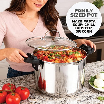 GOTHAM STEEL 8 Qt Stainless Steel Stock Pot Multipurpose Pasta Pot with Strainer Lid & Twist and Lock Handles, for Soup, Spaghetti, Rice, Induction Ready, Dishwasher Safe