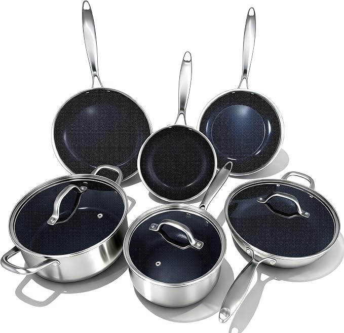 BRASA,9PCS pot and pan set,nonstick cookware set,stainless steel pan set,Ceramic coating,Compatible Gas, Induction Dishwasher safe (PFOS, PFOA Free)9PCS set