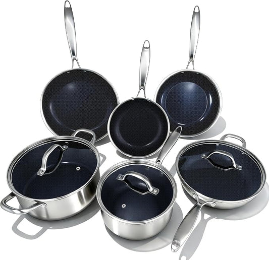 BRASA,9PCS pot and pan set,nonstick cookware set,stainless steel pan set,Ceramic coating,Compatible Gas, Induction Dishwasher safe (PFOS, PFOA Free)9PCS set