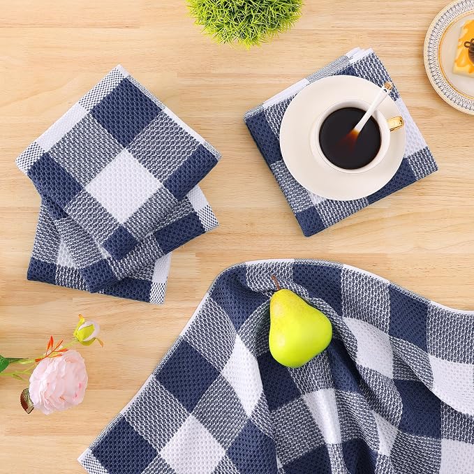 Homaxy Kitchen Towels and Dishcloths Set, 12 x 12 and 13 x 28 Inches, Set of 10 100% Cotton Waffle Weave Check Plaid Kitchen Dish Towels, Super Soft and Absorbent Dish Cloths, White & Navy Blue