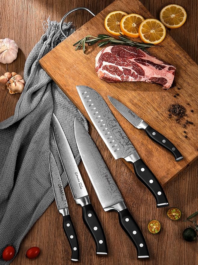 Knife Set, D.Perlla 15 Pieces Kitchen Knife Set with Built-in Sharpener, High Carbon Stainless Steel Knife Block Set with Unique Waved Pattern, Triple Riveted Ergonomic Handle, Black