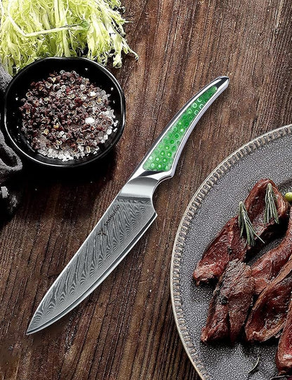 5 inch Utility Knife, Japanese VG-10 Damascus Steel Kitchen Knife, Ultra Sharp Fruit Knife with Full-tang Handle in Green Resin, LA-S9 Series