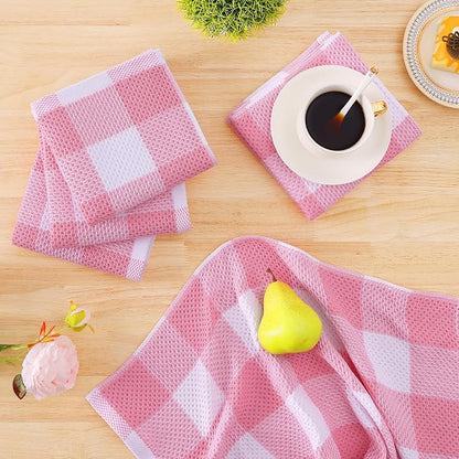 Homaxy Kitchen Towels and Dishcloths Set, 12 x 12 and 13 x 28 Inches, Set of 16 100% Cotton Waffle Weave Check Plaid Kitchen Dish Towels, Super Soft and Absorbent Dish Cloths, White & Pink