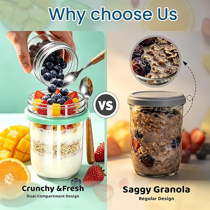 Overnight Oats Containers with Lids and Spoons | 20oz (16+4) 4PCS Dual-Laryer Chia Pudding Jars with Dry and Wet Separation for Snack,Yogurt,Parfait,Salad Dishwasher Safe