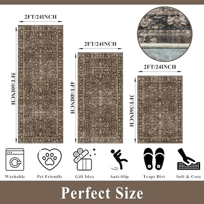 Washable Non-Skid 3 Piece Kitchen Rugs Set – Modern Boho Floral Low-Pile Area Rugs and Runner for Entryway, Bathroom, Hallway – Decorative Small Indoor Rugs (Brown, 2x3+2x4+2x5)