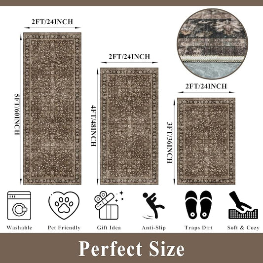 Washable Non-Skid 3 Piece Kitchen Rugs Set – Modern Boho Floral Low-Pile Area Rugs and Runner for Entryway, Bathroom, Hallway – Decorative Small Indoor Rugs (Brown, 2x3+2x4+2x5)