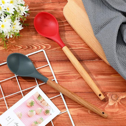 Patelai 2 Pcs Silicone Nonstick Cooking Spoon 12.4" Large Wooden Handle Mixing Spoon Heat Resistant Utensil Spoons for Kitchen Baking, Mixing, Serving and Stirring(Red, Gray)
