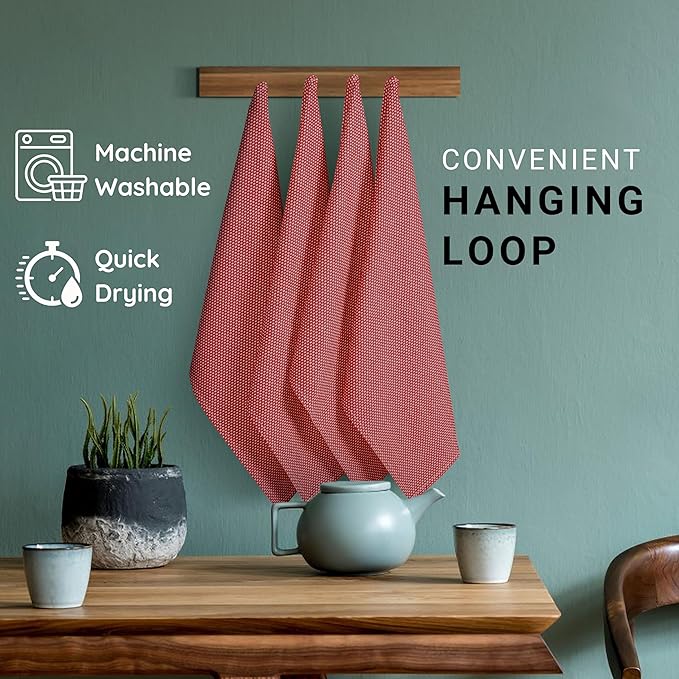 TWINY threads 4-Pack Cotton Kitchen Towels, 18x28 Inches, Soft & Absorbent Dish Cloths Set with Hanging Loop, Quick-Dry, Reusable and Washable Washcloths for Cooking, Baking & Cleaning Tasks, Red