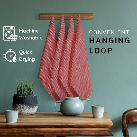 TWINY threads 4-Pack Cotton Kitchen Towels, 18x28 Inches, Soft & Absorbent Dish Cloths Set with Hanging Loop, Quick-Dry, Reusable and Washable Washcloths for Cooking, Baking & Cleaning Tasks, Red