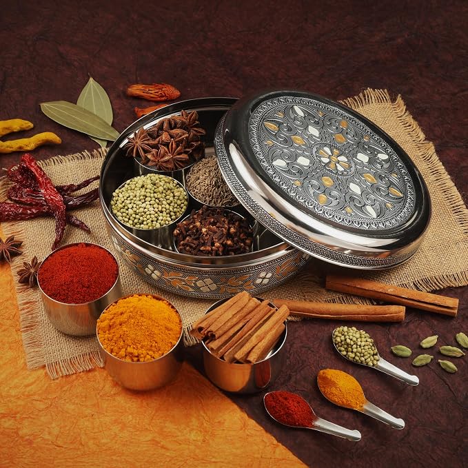KSJONE Designer Spice Box, 7 Spice Jars, Holds 7 Spices, Steel Spice Container with 7 Spoons, Storage for Spices and dryfruits Indian Masala Dabba Gifts for Women, Mothers Day Gifts for Mom (8 Inch)