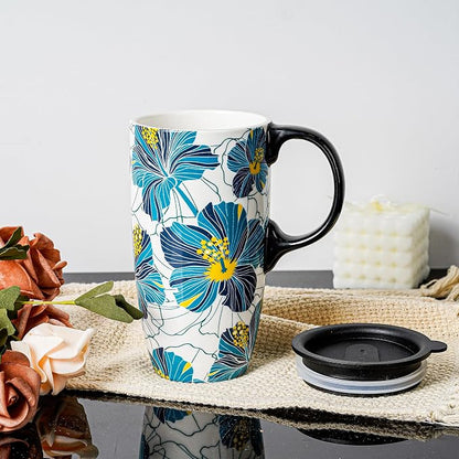 Topadorn 17oz Teal Hibiscus Ceramic Travel Mug with Lid, Floral Coffee Cup with Handle, Spill Resistant Lid, Microwave & Dishwasher Safe, Gift Box Included