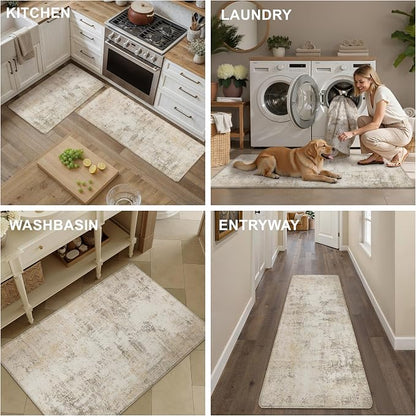Kitchen Mats for Floor Set of 2 Anti Fatigue Waterproof Kitchen Rug Beige Grey Abstract Cushioned Non-Slip Kitchen Mats Comfort Standing Neutral Mat for Sink Laundry Office 17.3"×59"+17.3"×30"
