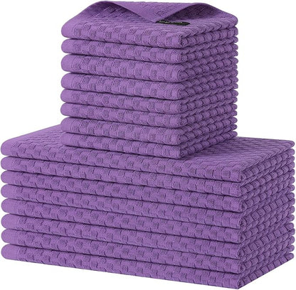 Homaxy 100% Cotton Kitchen Towels and Dishcloths Set, 12 x 12 & 15 x 25 Inches, Set of 16 Bulk Terry Cloth Dish Towels, Super Soft and Absorbent Hand Towel with Hanging Loop, Purple