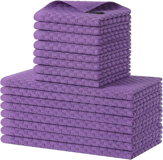 Homaxy 100% Cotton Kitchen Towels and Dishcloths Set, 12 x 12 & 15 x 25 Inches, Set of 16 Bulk Terry Cloth Dish Towels, Super Soft and Absorbent Hand Towel with Hanging Loop, Purple