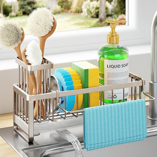 HapiRm Sponge Holder for Kitchen Sink - Self-draining Sink Caddy with Brush Holder and Dishcloth Holder, Stainless Steel Kitchen Organizer for Countertop - Brushed Nickel