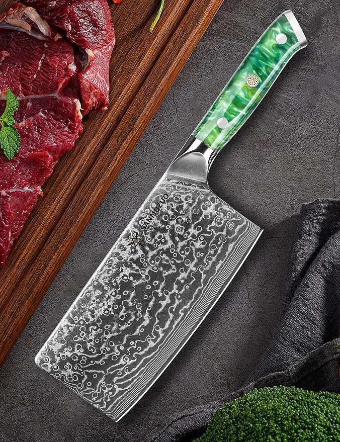 Chinese Chef Knife - 7" Cleaver Knife- Xuan Series - VG10 Damascus Steel Kitchen Knife - Resin Handle (Jade Green)