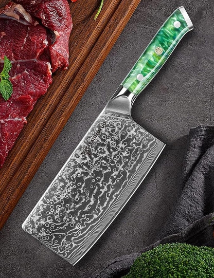 Chinese Chef Knife - 7" Cleaver Knife- Xuan Series - VG10 Damascus Steel Kitchen Knife - Resin Handle (Jade Green)