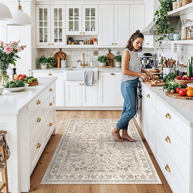 4x5 Washable Kitchen Entryway Rug – Non-Slip Soft Low Pile Indoor Carpet for Bathroom Living Room Bedroom – Boho Floral Small Throw Area Rug (Beige,4x5)