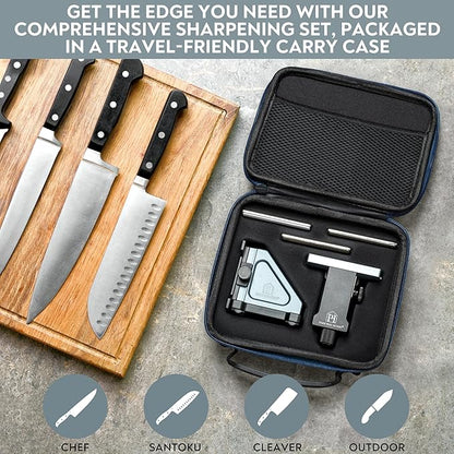 PATENTED ORIGINAL ADJUSTABLE ROLLING KNIFE SHARPENER KIT: Adjustable Height, 10° to 40° for 30 Angle Options, Removeable Diamond Plates with Travel Case - Kitchen Knife Sharpener
