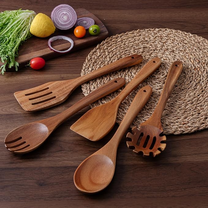 5-Piece Kitchen & Cooking Utensils Set - Natural Acacia Wood Material Includes Salad Spoons, Spaghetti Spoon, Salad Fork, Flat Spatula,Slotted Spatula- Essential Wooden Utensil Set for Cooking