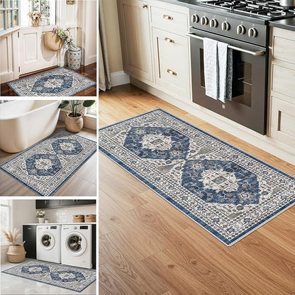 3 Pieces Kitchen Rug Sets: Farmhouse Washable Non-Slip Floor Mat for Sink Stove & Fridge Area Water Resistant Carpet for Laudry Room Entryway Soft Cozy Runners for Kids Pets Family(2x3+2x4+2x5,Blue)