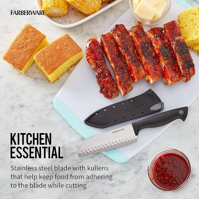 Farberware Edgekeeper 5-Inch Santoku Knife with Self-Sharpening Blade Cover, High Carbon-Stainless Steel Kitchen Knife with Ergonomic Handle, Razor-Sharp Knife, Black