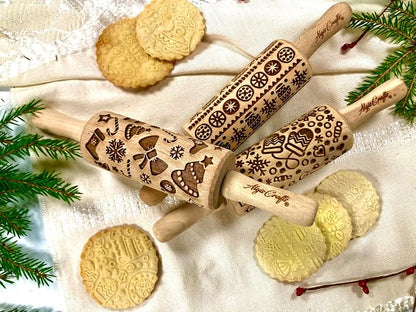 CHRISTMAS FUN 3 Kid Rolling Pin Set. Wooden Laser Cut Embossing Cut Mini Rolling Pins for Embossed Cookies. Gift for Kid, Friend, Christmas by Algis Crafts