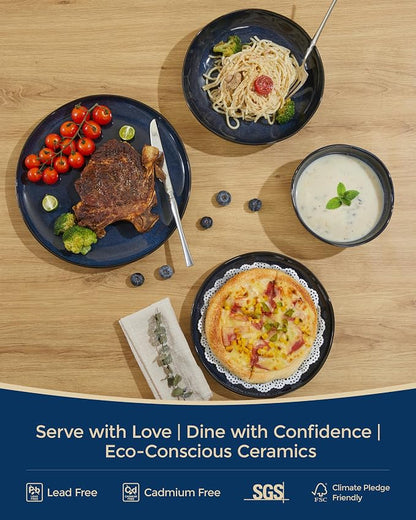 Pokini Plates and Bowls Sets, 16 Pieces Dinnerware Set for 4 with Pasta Bowls, Handmade Dishes Set, Chip Resistant Dishware Sets, Microwave Safe Dinner Set, Designed for Interactive Meals, Starry Blue