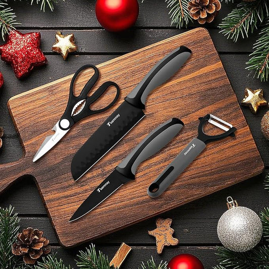 4-Pc Knife Set, 6 Inch Santoku Knife, 4 Inch Paring Knife, Kitchen Scissors, Y-Peeler, Anti-Rust Coating, Razor-Sharp, Stainless Steel Chef Knife Set, Perfect Gifts for Kitchen