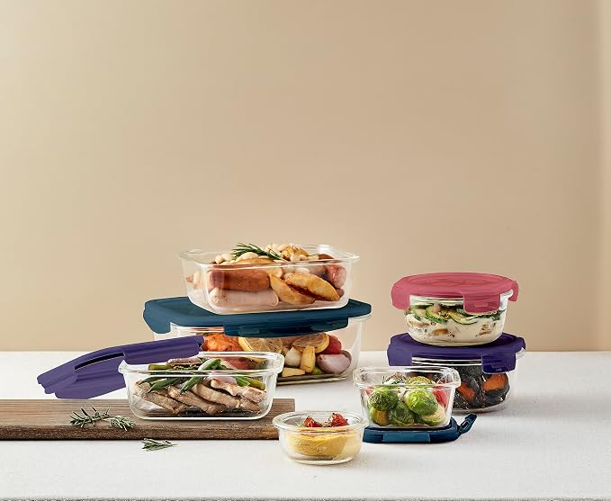 LocknLock Eco Ovenglass Glass Food Containers with Lids Set of 5 - Airtight, Leakproof Square Food Storage Containers with Recycled Plastic Lids, Oven Safe, Dishwasher Safe, 5 x 500ml
