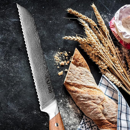 XITUO 8-Inch Serrated Bread Knife – Damascus Steel Blade with Olive Wood Handle, Ultra Sharp Kitchen Slicer for Soft Bread, Pastries & Tomatoes, Ideal Gift for Chef Dad