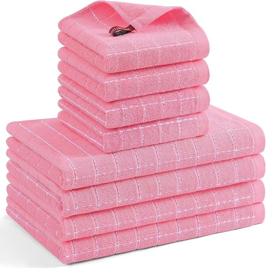 Mordimy 100% Cotton Terrycloth Kitchen Towels and Dishcloths Sets, Soft and Absorbent Checkered Dish Towels, Quick Drying Dish Rags for Washing Dishes, 4 Pack 16" x 26" & 4 Pack 12" x 12", Pink