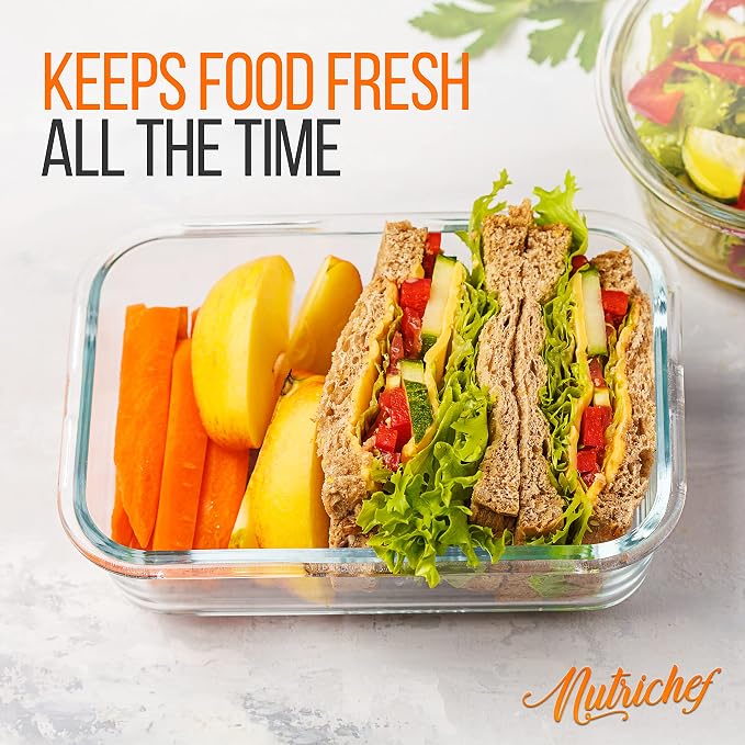NutriChef 10-Piece Glass Food Containers - Stackable Superior Glass Meal-prep Storage Containers, Newly Innovated Leakproof Locking Lids w/Air Hole, Freezer-to-Oven-Safe (Red)