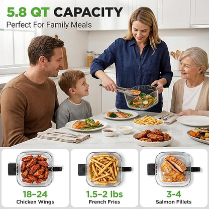 NutriChef 5.8 Quart Air Fryer | Glass Airfryer with 8-in-1 Digital Presets | Stainless Steel Fryer Design | Glass Fry Bowl with Flip-Up Safety Shield | Compact Air-Fryer for Even Cooking | Black