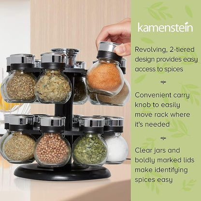 Kamenstein 16 Jar Ellington Revolving Countertop Spice Rack with Lift & Pour Caps and Spices Included, FREE Spice Refills for 5 Years: Black and Chrome