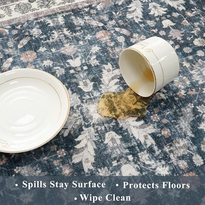 Kitchen Rug Sets 4-Piece with Runner – Washable Non-Slip Floor Mats for Sink, Entryway, Hallway, Bathroom – Soft Low-Pile Thin Boho Floral Rugs, New Home Decor (Blue, 2x3+2x4+2x5+2x6)