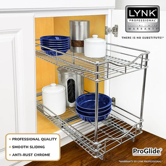 LYNK PROFESSIONAL® Pull Out Cabinet Organizer - 11" x 21" - Slide Out Cabinet Organizer for Kitchens - Sliding Shelves - Pull Out Drawer, Pots and Pans Storage - Lifetime Ltd Warranty - 2 Tier