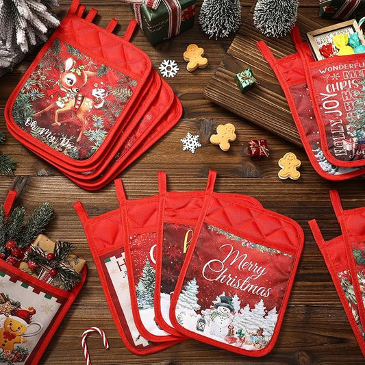 Roshtia 12 Pcs Christmas Pot Holders with Pocket Retro Xmas Farmhouse Pot Holders for Kitchen Winter Hot Pads Oven Mitts Cookie Bag Cute Heat Resistant Oven Gloves for Kitchen Gift Baking Cooking