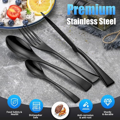 Lemeya 24 Pieces Black Silverware Set for 6,Heavy Duty 18/10 Stainless Steel Flatware Set with Forged Stand Knife,Modern Cutlery Utensil Set,Mirror Polished,Dishwasher Safe