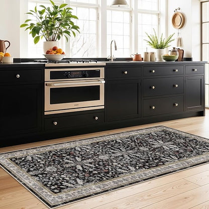3x7 Washable Non-Slip Kitchen Runner Rug – Soft Low-Pile Stain-Resistant Carpet for Hallway Entryway Bedroom Laundry Room Bathroom – Boho Floral Wide Floor Runner with Rubber Backing (Black,3x7)