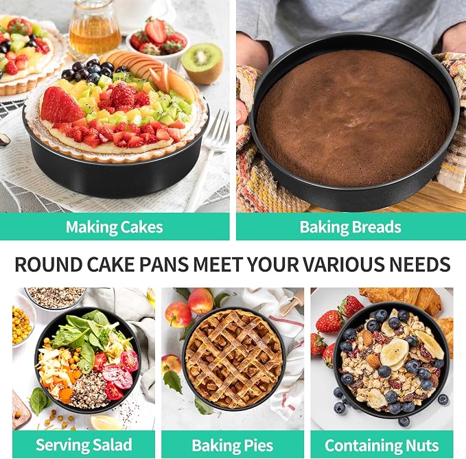 P&P CHEF 8 Inch Cake Pan Set of 3, Non-Stick Round Cake Pans Tins for Tier Smash Cakes, Baking Pans Set & Essential Bakeware, Stainless Steel Core & Leak-Proof