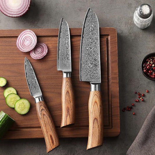 Wakoli 3-Piece Damascus Knife Set – Edib Pro Series with Wooden Gift Box – Kitchen Knife with VG10 Steel Core, 2 Santoku Knives & Paring Knife