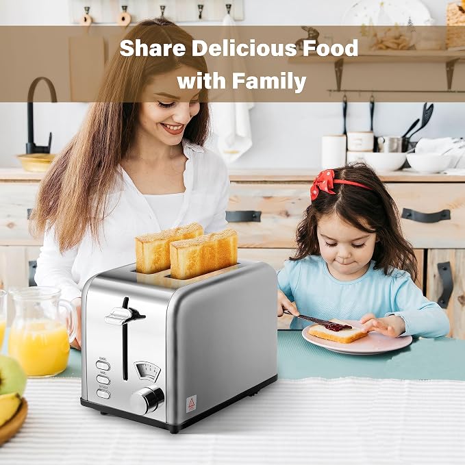 Simple Deluxe Stainless Steel Toaster 2 Slice with 1.5” Wide Slot & Removable Crumb Tray, 5 Shade Options and Bagel/Defrost/Cancel Functions, for Various Bread & Waffle, Retro Silver