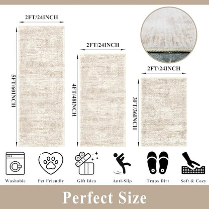 Kitchen Rug Sets 3 Piece Washable – Non Slip Modern Boho Small Kitchen Rugs and Runner Set for Sink Entryway Bathroom Hallway – Soft Low Pile Floor Mats (Cream Beige, 2x3+2x4+2x5)