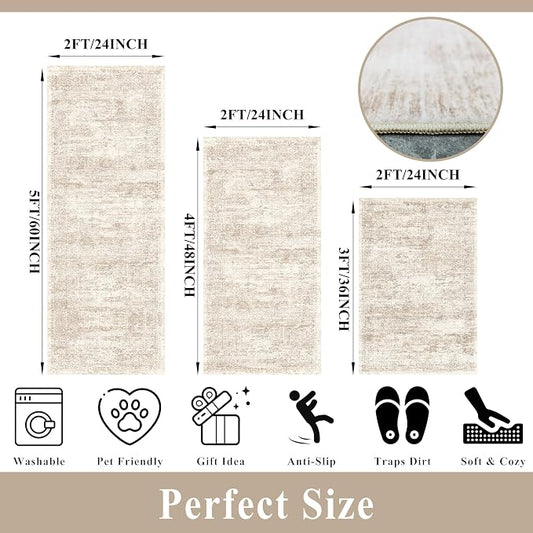 Kitchen Rug Sets 3 Piece Washable – Non Slip Modern Boho Small Kitchen Rugs and Runner Set for Sink Entryway Bathroom Hallway – Soft Low Pile Floor Mats (Cream Beige, 2x3+2x4+2x5)