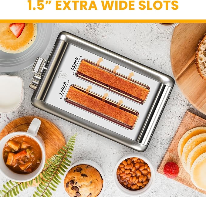Simple Deluxe 2-Slice Toaster, Stainless Steel Toaster, 6 Browning Setting and 3 Function, Extra Wide Slot & Removable Crumb Tray, for Bread & Waffle, Silver