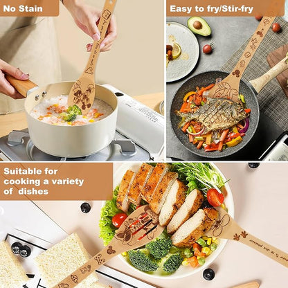 Wooden Spoons for Cooking,Cartoon Bamboo Spoons Utensils Set Kitchen Decoration with Apron Oven Mitt Potholder,Best Birthday Gifts,8PCS Cute Anniversary Present for Women Friends