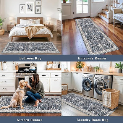 2x8ft Washable Non Slip Kitchen Rugs – Boho Floral Stain-Resistant Low-Pile Floor Carpet Runner for Hallway, Bathroom, Bedroom, Entryway (Blue, 2x8)